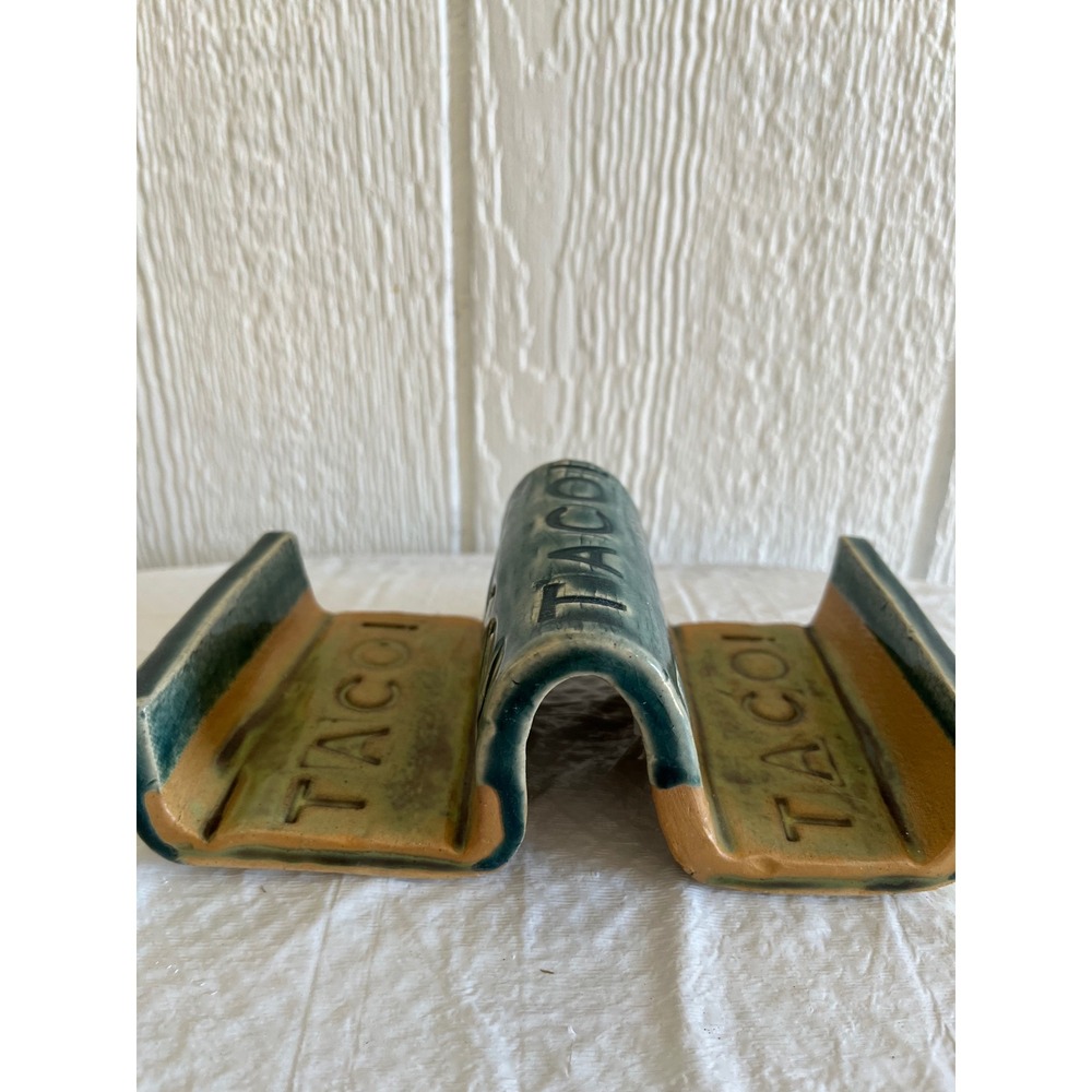 Ceramic Taco Holder Stand Tray 3 Shells‎ Blue Green Beige Embossed Taco